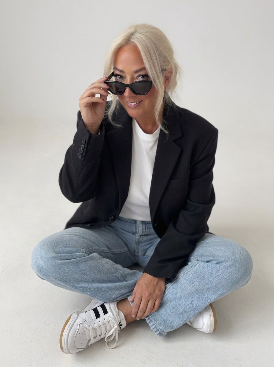 Claire sitting cross legged and lowering her sunglasses.