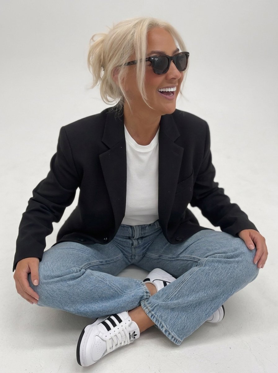Claire laughing while sitting cross legged in a black blazer.